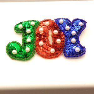 Large Holiday JOY Sequins Brooch with Faux Pearl Embellishments, Colorful Spell